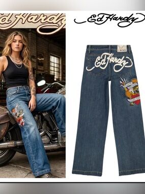 Ed Hardy Brave Hards Stay True Embroidered Hards Women's Jeans Wide